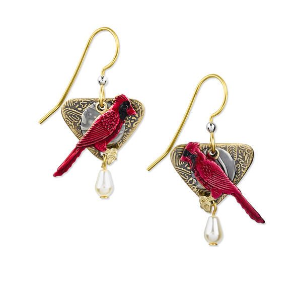 Silver Forest Two-Tone with Red Cardinal Drop Earrings - image 