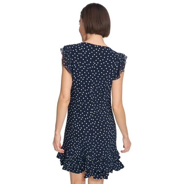 Womens Tommy Hilfiger Ruffle Trim Mixed Media Dot A-Line Dress