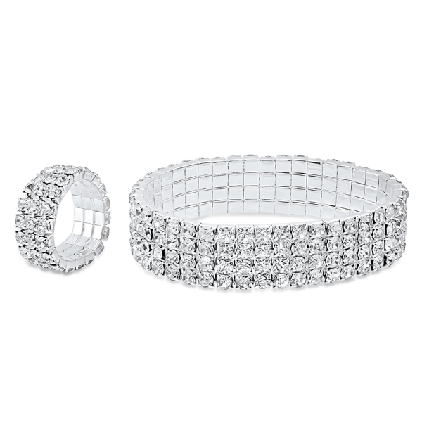 Saffron Stretch Bracelet with Ring Set Adorned with Rhinestones - image 