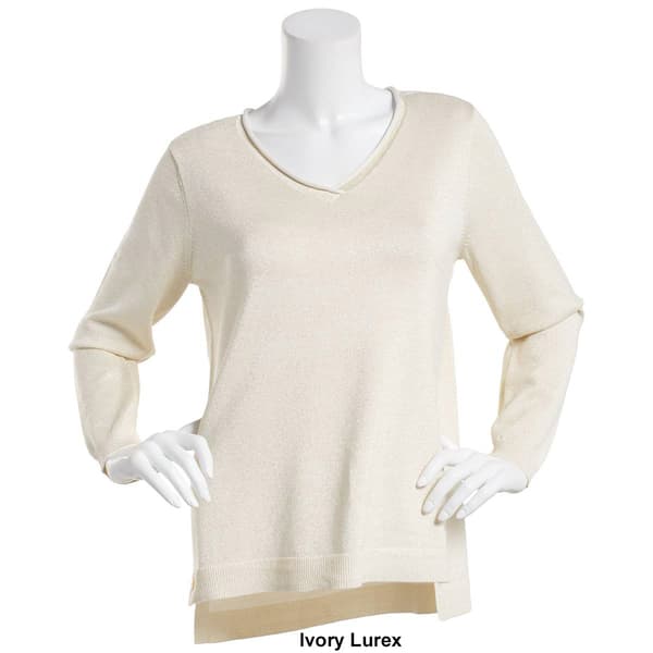 Womens Tint & Shadow Long Sleeve V-Neck Lurex Pullover Sweater