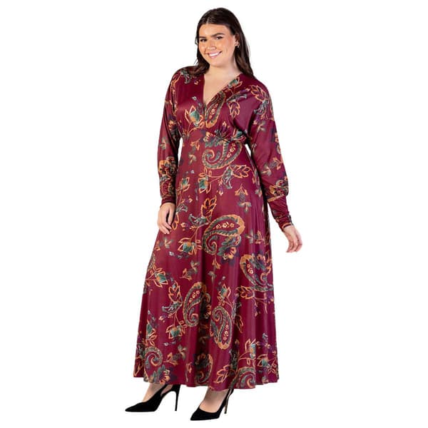 Plus Size 24/7 Comfort Apparel Wine Paisley A-Line Maxi Dress