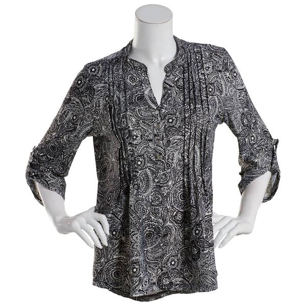 Womens Notations 3/4 Sleeve Print Jacquard Knit Pleat Henley - image 