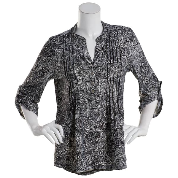 Womens Notations 3/4 Sleeve Print Jacquard Knit Pleat Henley