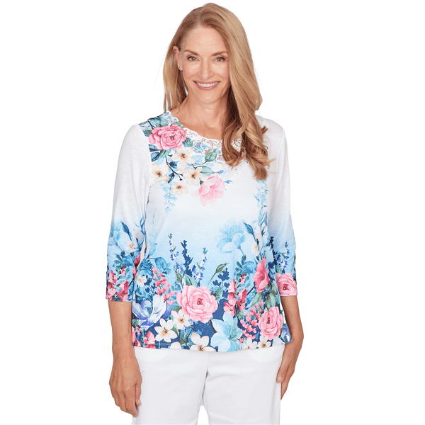 Womens Alfred Dunner Classics 3/4 Sleeve Floral Lace Neck Blouse - image 