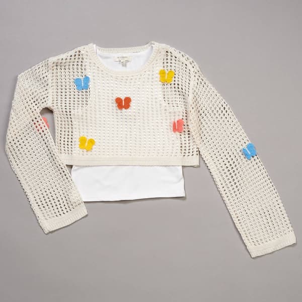 Girls (7-16) No Comment Long Sleeve Butterfly Mesh 2Fer Top