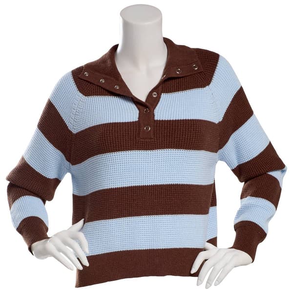 Juniors No Comment Waffle Henley Snap Collar Sweater- Chocolate - image 