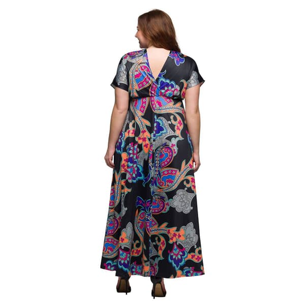 Plus Size 24/7 Comfort Apparel Black Paisley Sleeve Maxi Dress