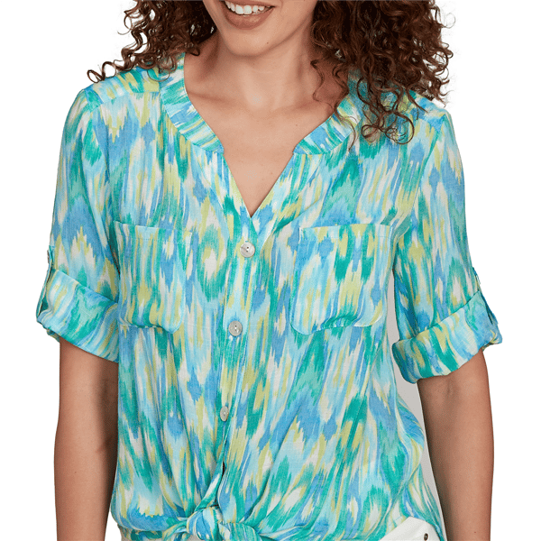Womens Ruby Rd. Paradise Cove Ikat Button Tie Front Blouse