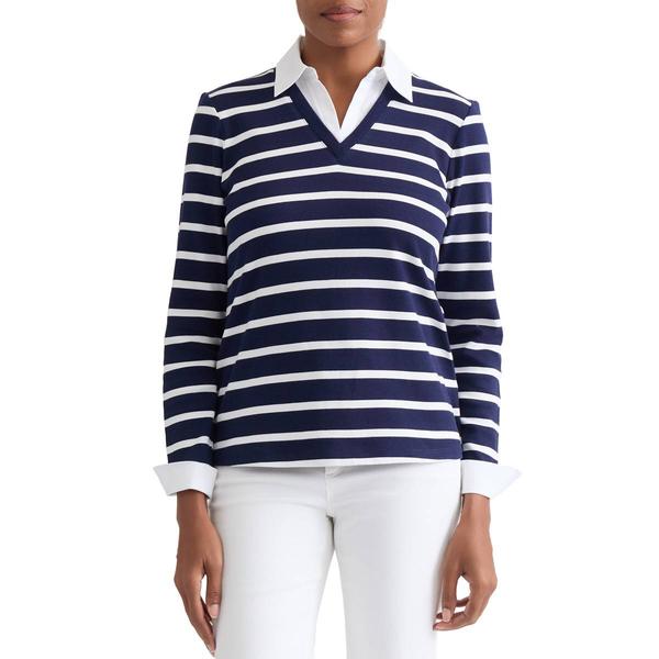 Petites Jones New York Long Sleeve Poplin Trim V Neck Striped Tw - image 
