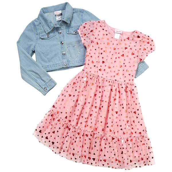 Girls (7-12) Little Lass® Heart Mesh Dress W/ Denim Jacket