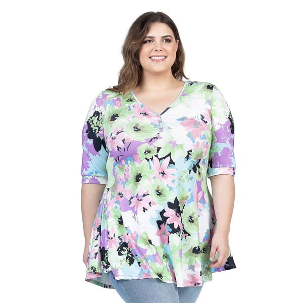 Plus Size 24/7 Comfort Apparel Floral Elbow Sleeve V-Neck Top