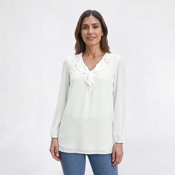 Womens Kasper Long Sleeve Ruffle V Neck Blouse - image 