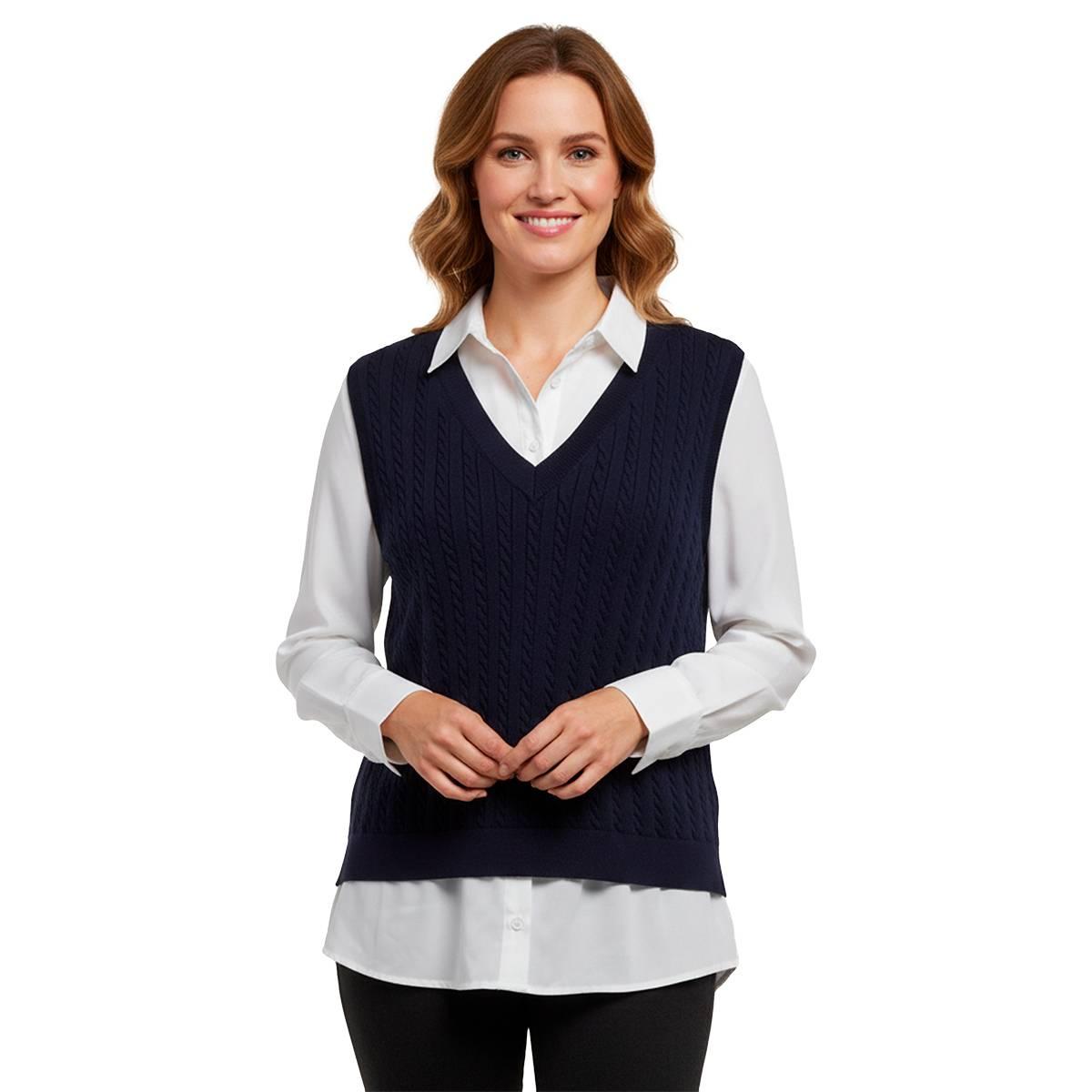 Womens Adrianna Papell Long Sleeve Cable Knit Two In One Blouse