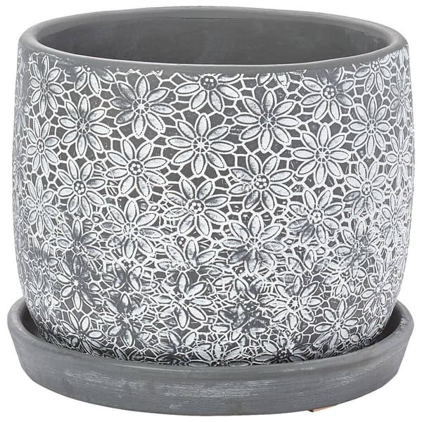 Grey Floral Planter with Saucer - image 