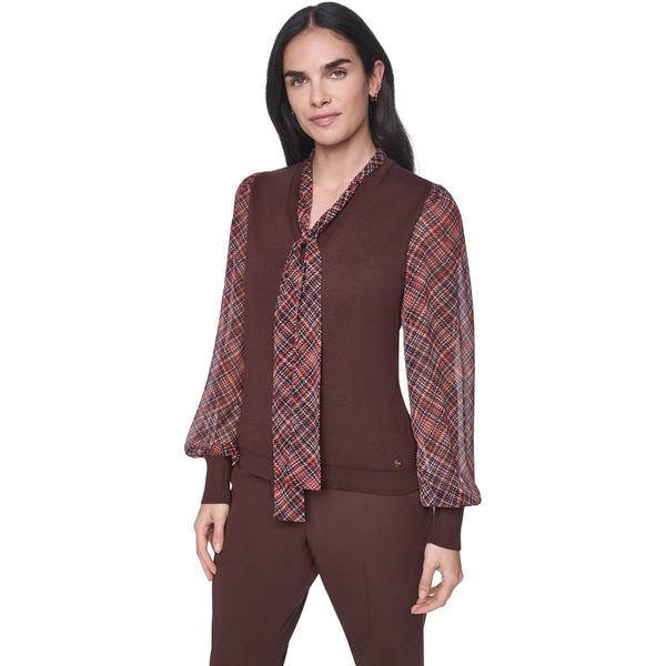 Womens Tommy Hilfiger Long Plaid Sleeve And Tie V Neck Twofer Sw