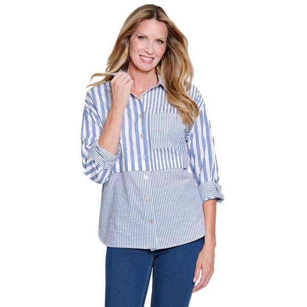 Womens Multiples Roll Table Sleeve Blocked Stripes Blouse - image 