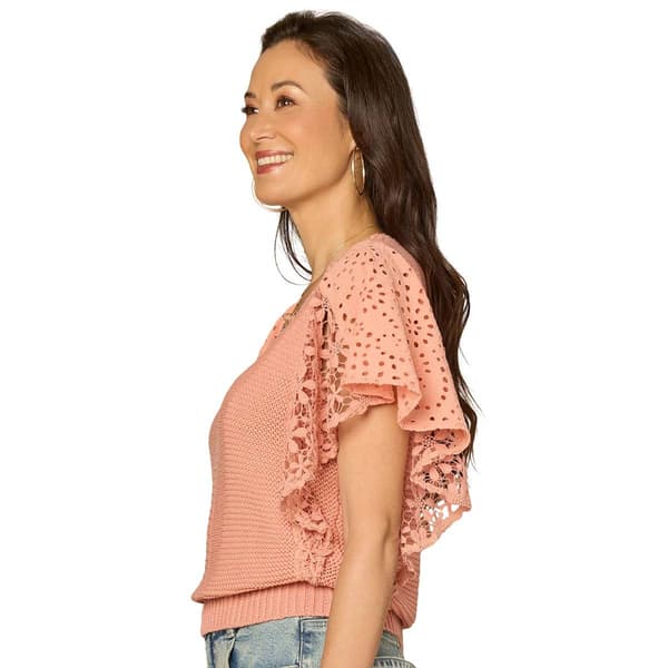 Womens Democracy Short Flutter Sleeve V Neck Mix Media Blouse