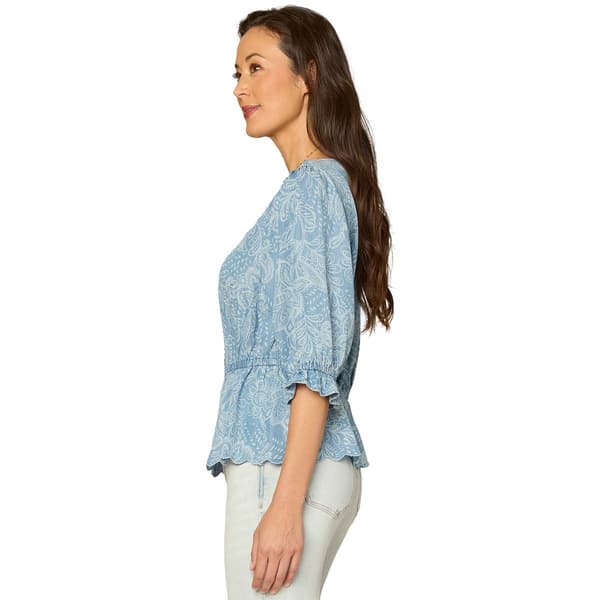 Petite Democracy Elbow Sleeve V Neck Scallop Edge Blouse