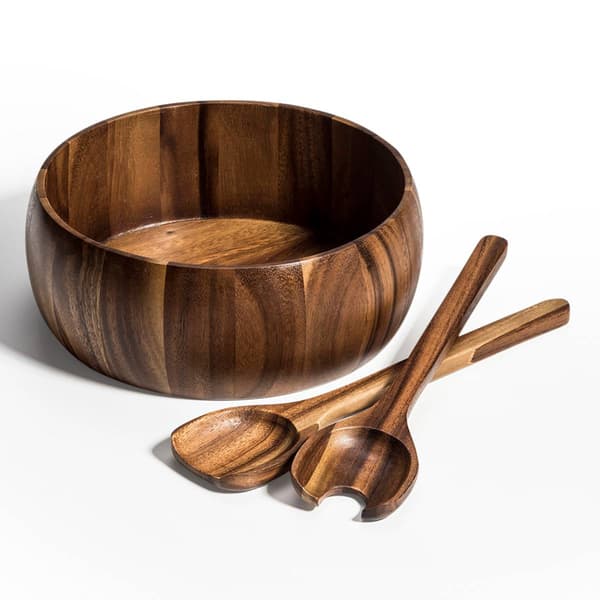 Kalmar Home Acacia Wood Straight Edge Salad Bowl w/ Servers - image 