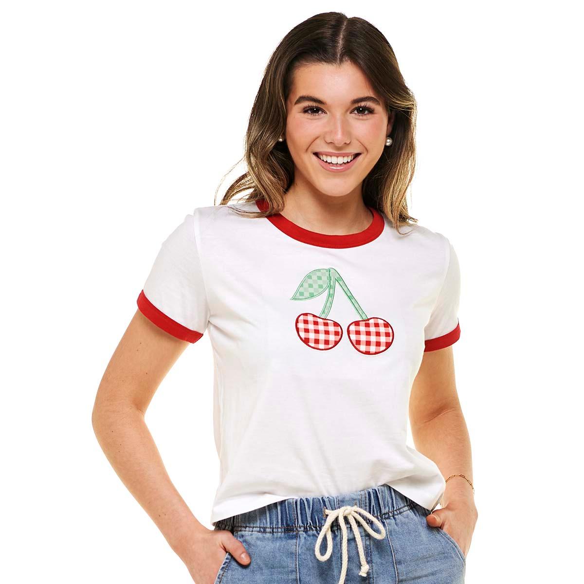 Juniors Attitude Not Included Gingham Cherry Ringer Tee