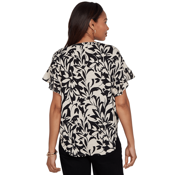 Womens Ruby Rd. Tropical Noir Short Sleeve Floral Tie Hem Blouse