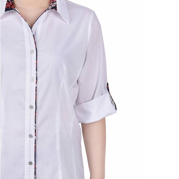 Petite NY Collection 3/4 Roll Tab Sleeve Solid Button Down Shirt