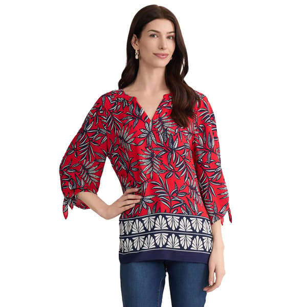 Womens Jones New York Elbow Tie Sleeve V Neck Printed Blouse