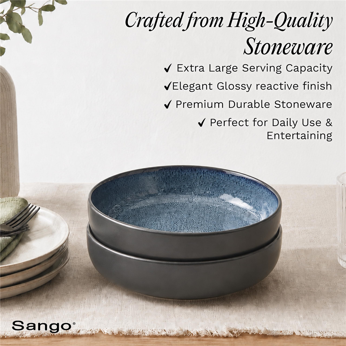 Sango Resona Blue/Black Large Ceramic Serving Bowl - Set of 2