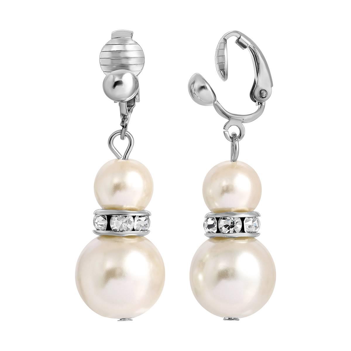 1928 White Graduated Faux Pearl and Crystal Clip Earrings