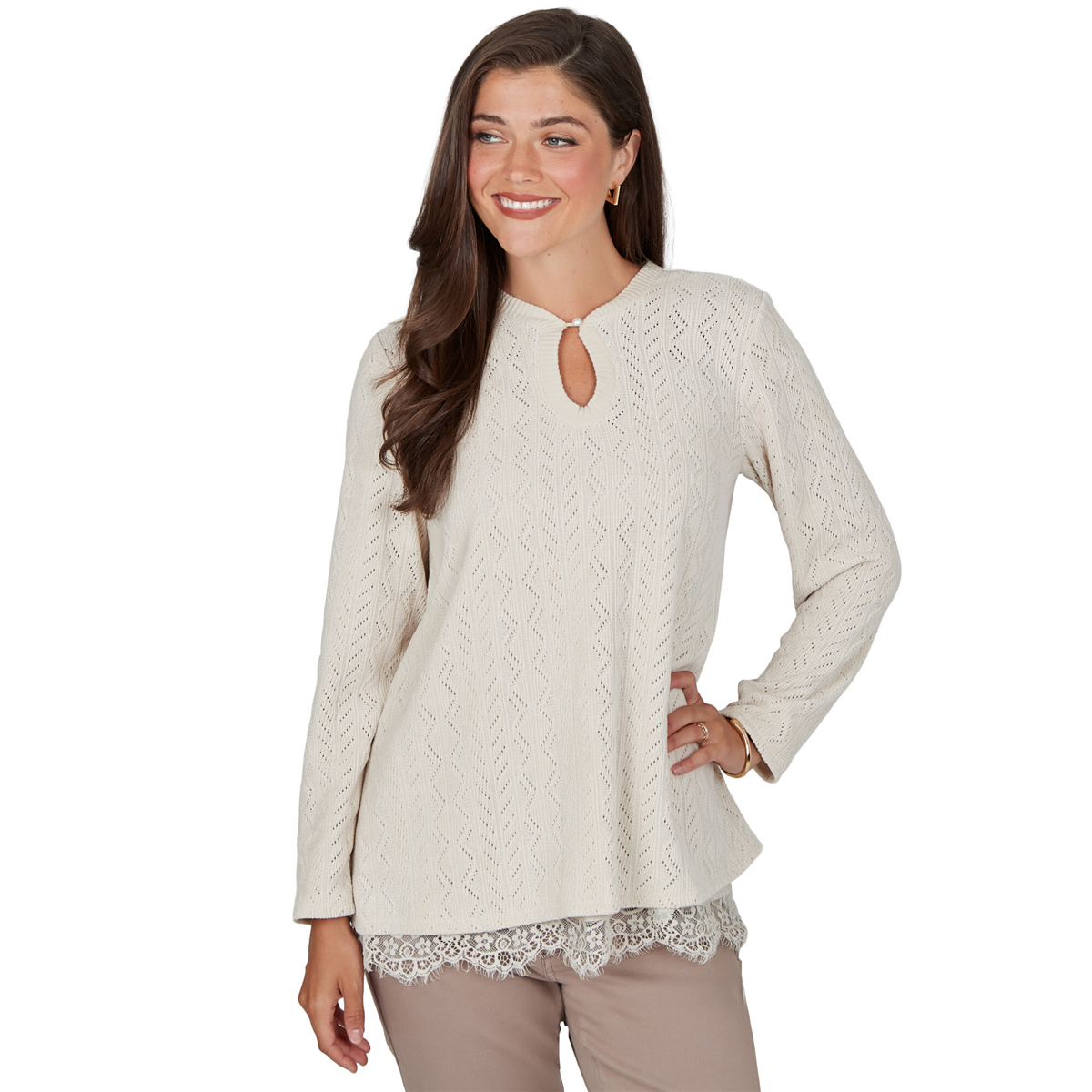 Petite Ruby Rd. Mythical Lace Hem Pointelle Stitch Sweater