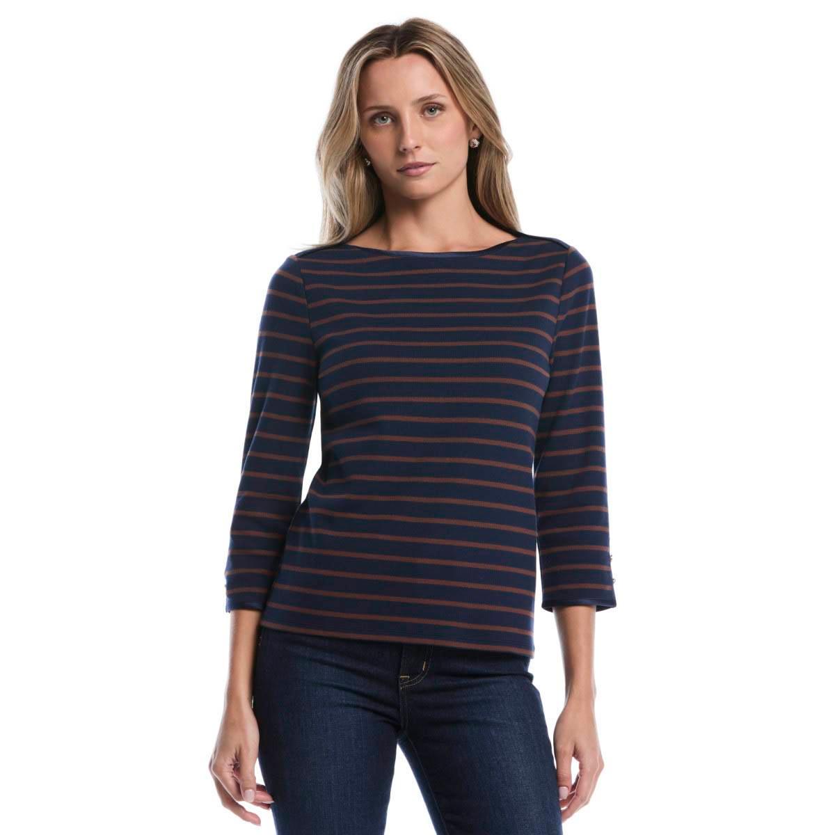 Petite Rafaella® 3/4 Sleeve Boat Neck Stripe Tee