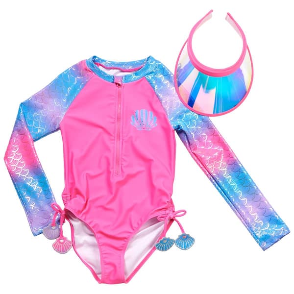 Girls (7-12) Be Magical Mermaid Rashguard One Piece w/ Visor - image 