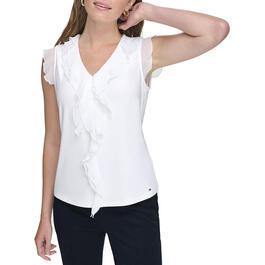 Womens Tommy Hilfiger Short Sleeve Ruffle Front V-Neck Blouse