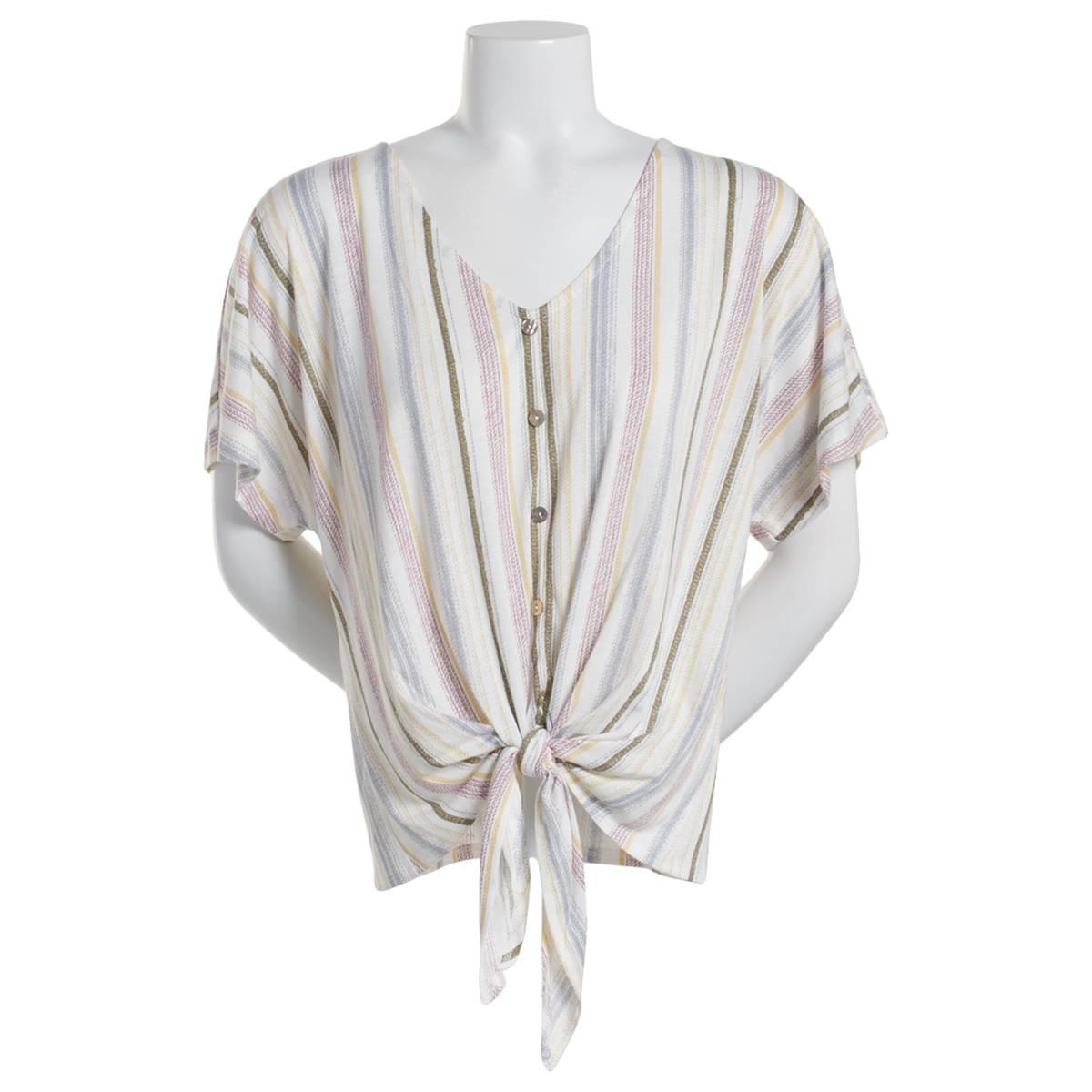 Womens Tru Self Faux Button Front Stripe Tie Front Blouse