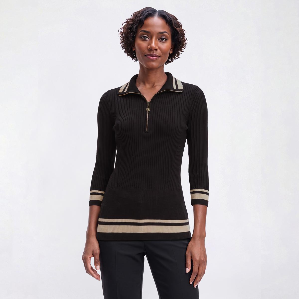 Womens Rio & Rian 3/4 Sleeve Ribbed Zip Neck Sweater