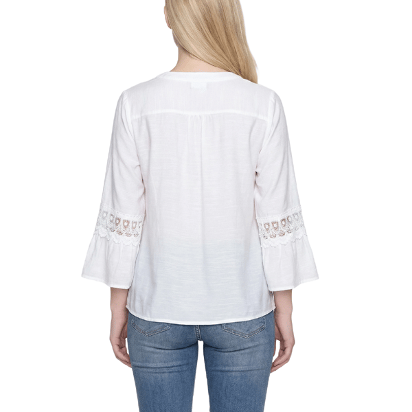 Petite NY Collection 3/4 Bell Sleeve V Neck Button Front Blouse