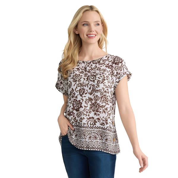 Petites Jones New York Button Detail Floral Border Print Blouse