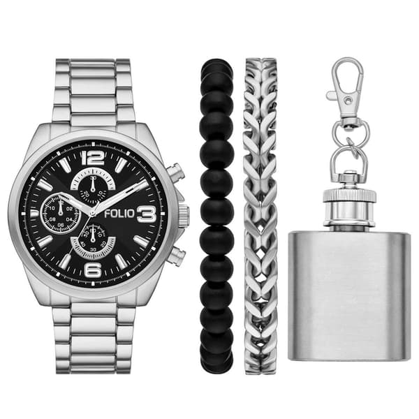 Mens Folio Silver-Tone Watch/Bracelets/Flask Set - FMDFL6075