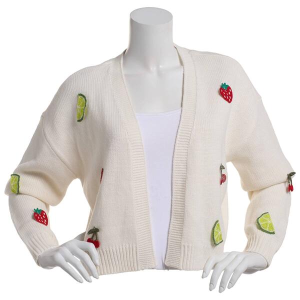 Juniors No Comment Open Cardigan with Fruit Appliques - image 