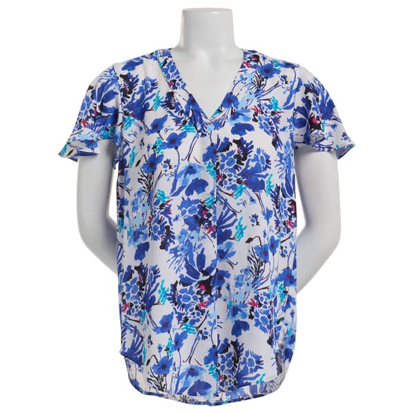 Womens Anne Klein Short Flutter Sleeve Floral Blouse