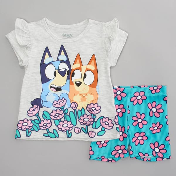 Toddler Girl Bluey Shimmer Top & Floral Rib Bike Shorts Set - image 