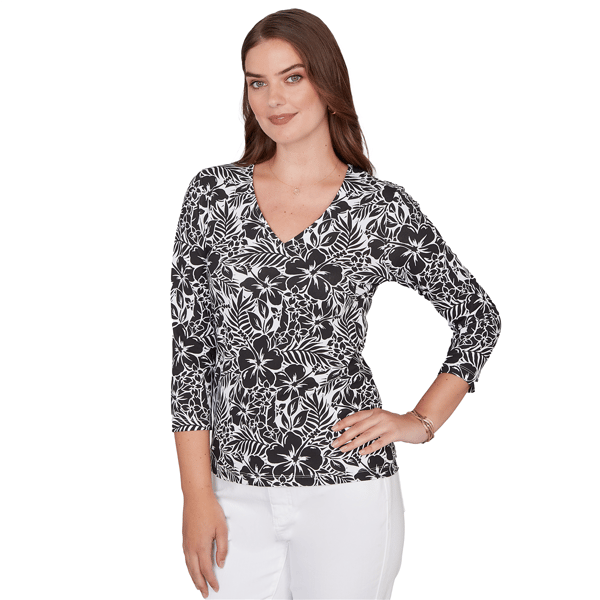 Petite Hearts of Palm Printed Essentials Floral V Neck Blouse