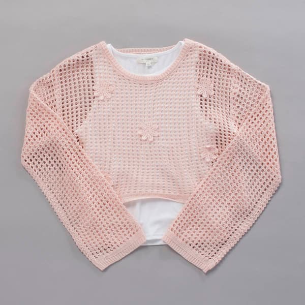 Girls (7-16) No Comment Long Sleeve Flower Mesh 2Fer Top - image 