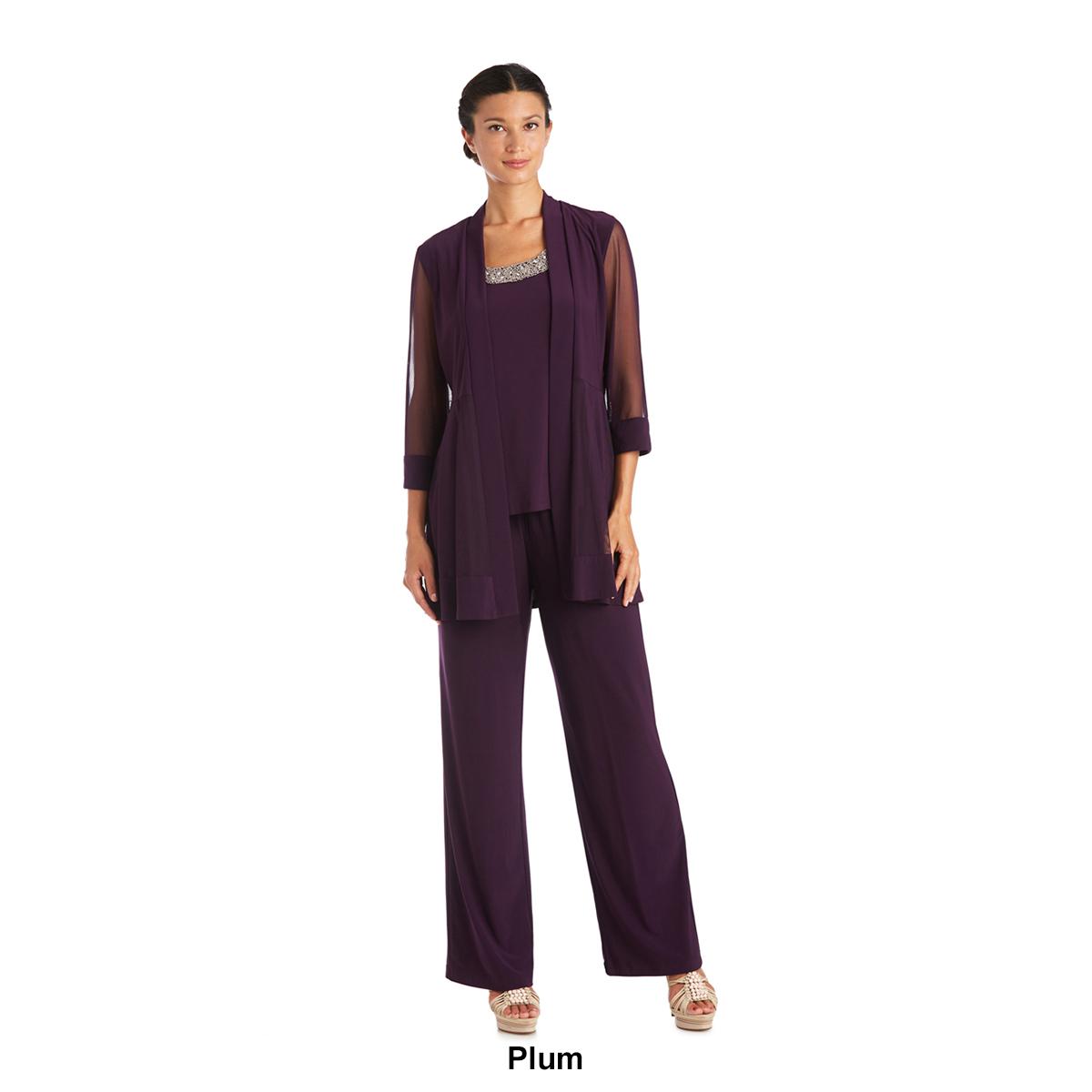 Womens R&amp;M Richards 3pc. Sheer Insert Beading Pantsuit Jacket Set