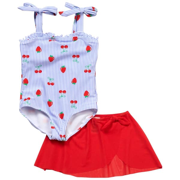 Toddler Girl Kensie Girl Fruit/Stripe One Piece Swimsuit w/ Skirt - image 