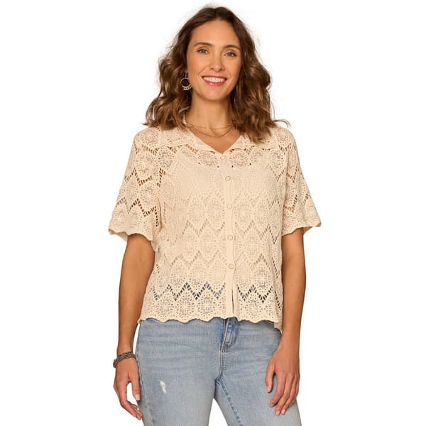 Womens Democracy Short Sleeve Crochet Button Down Blouse - image 