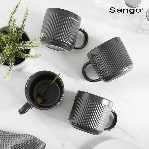 Sango Anderson Black Ceramic 16.5oz.Coffee Mugs - Set of 4