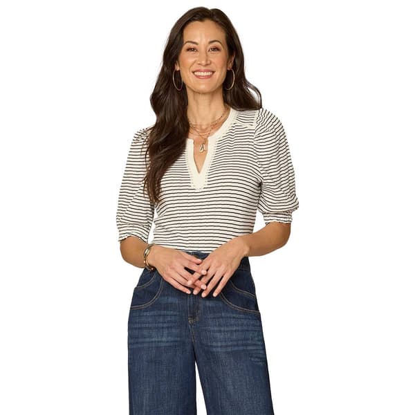 Womens Democracy Elbow Puff Sleeve Split Neck Stripe Blouse
