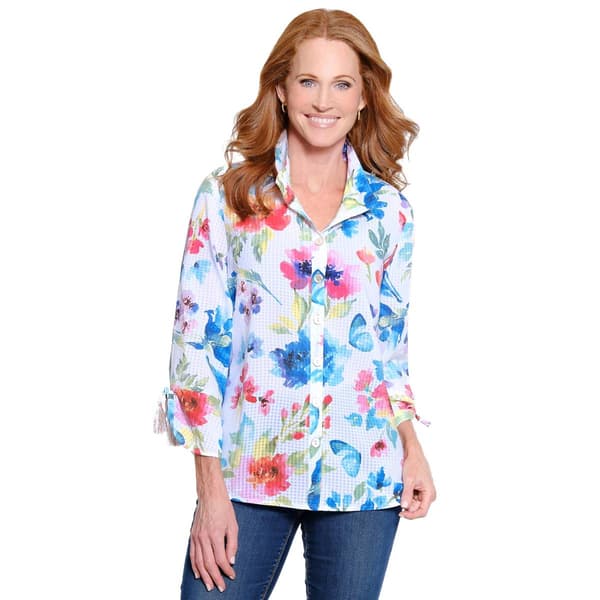 Womens Ali Miles 3/4 Cinch Tassie Tie Sleeve Button Front Top - image 