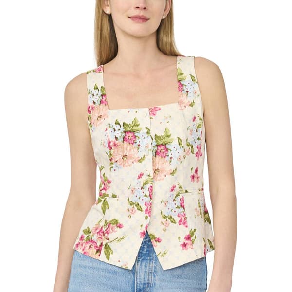 Womens Cece Sleeveless Square Neck Button Up Floral Vest